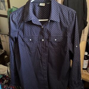 L.L. Bean Navy Blue Button-Down Shirt with White Polka Dots
